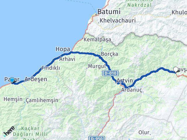 Rize Pazar Şavşat Artvin Arası Kaç Km - Yol Haritası