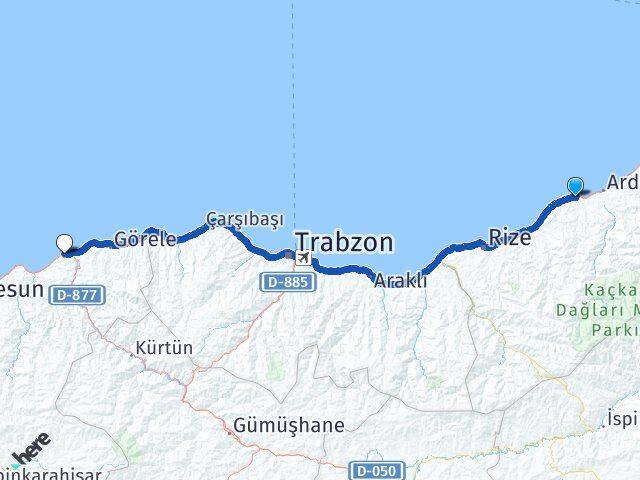 Rize Pazar Tirebolu Giresun Arası Kaç Km - Yol Haritası