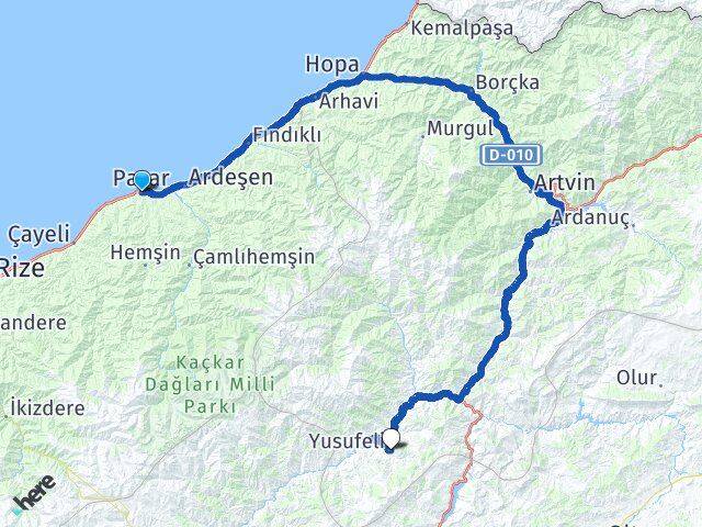 Rize Pazar Yusufeli Artvin Arası Kaç Km - Yol Haritası