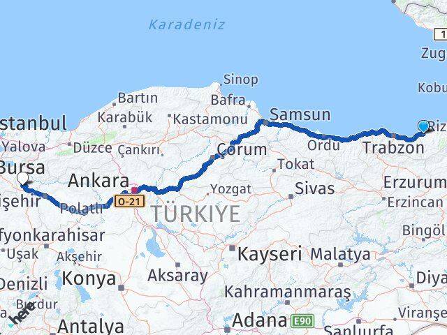 Rize Pazaryeri Bilecik Arası Kaç Km - Yol Haritası