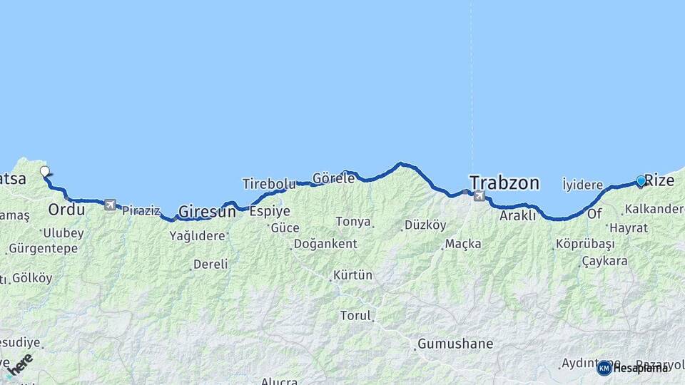 Rize Perşembe Ordu Arası Kaç Km - Yol Haritası