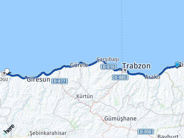 Rize Piraziz Giresun Arası Kaç Km - Yol Haritası