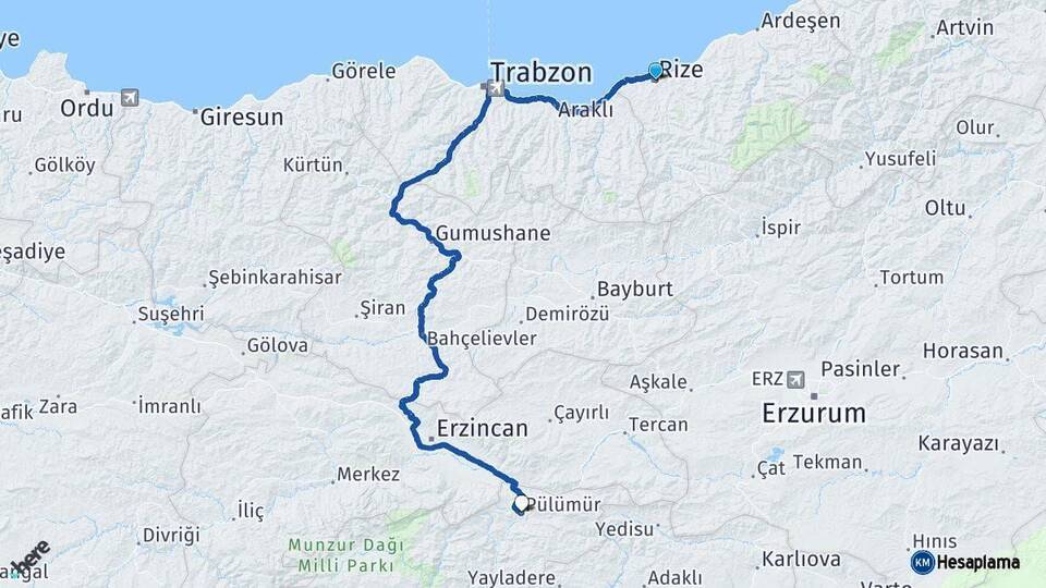 Rize Pülümür Tunceli Arası Kaç Km - Yol Haritası