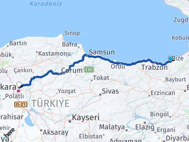 Rize Pursaklar Ankara Arası Kaç Km - Yol Haritası