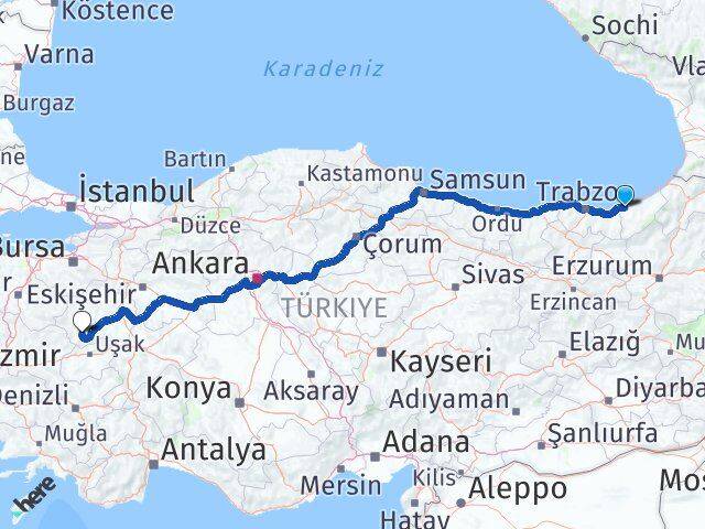 Rize Şaphane Kütahya Arası Kaç Km - Yol Haritası