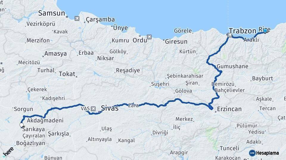 Rize Sarıkaya Yozgat Arası Kaç Km - Yol Haritası