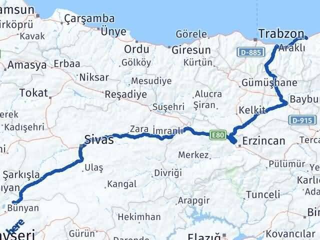 Rize Sarıoğlan Kayseri Arası Kaç Km - Yol Haritası