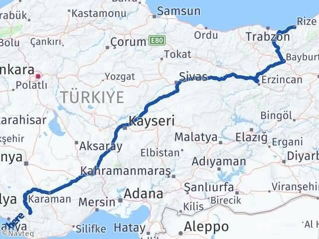 Rize Sarıveliler Karaman Arası Kaç Km - Yol Haritası