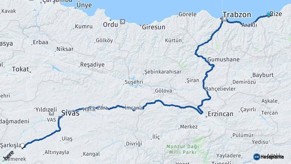 Rize Şarkışla Sivas Arası Kaç Km - Yol Haritası