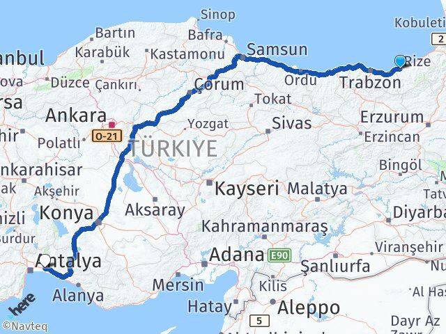 Rize Serik Antalya Arası Kaç Km - Yol Haritası