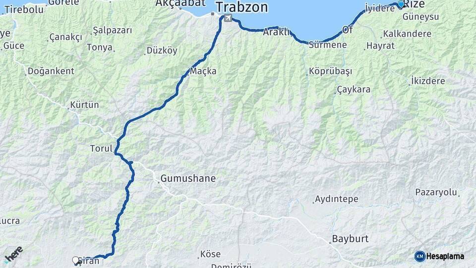 Rize Şiran Gümüşhane Arası Kaç Km - Yol Haritası