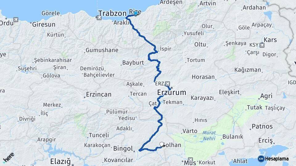 Rize Solhan Bingöl Arası Kaç Km - Yol Haritası