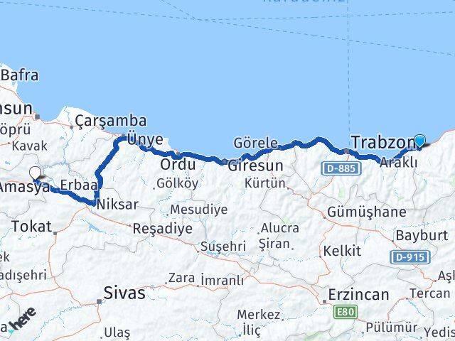 Rize Taşova Amasya Arası Kaç Km - Yol Haritası