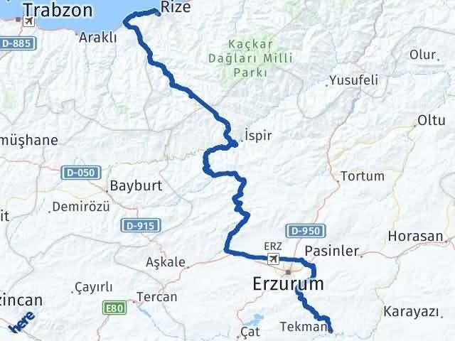 Rize Tekman Erzurum Arası Kaç Km - Yol Haritası