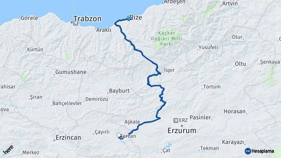 Rize Tercan Erzincan Arası Kaç Km - Yol Haritası