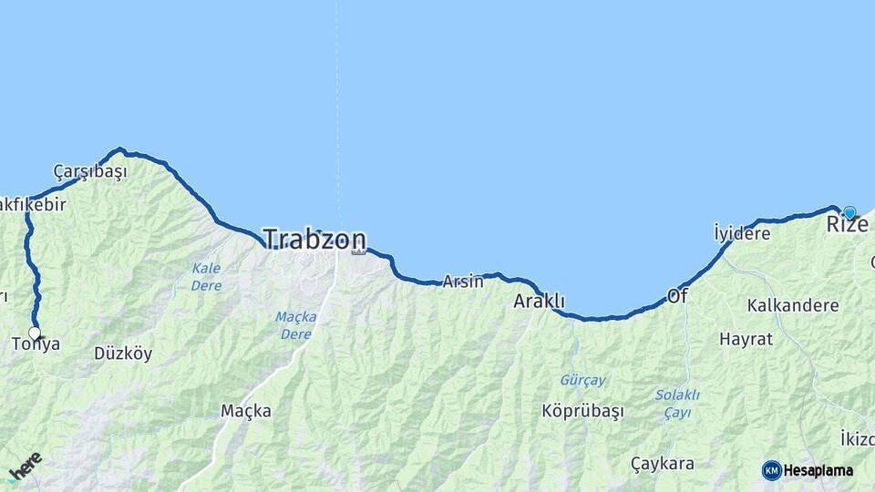 Rize Tonya Trabzon Arası Kaç Km - Yol Haritası