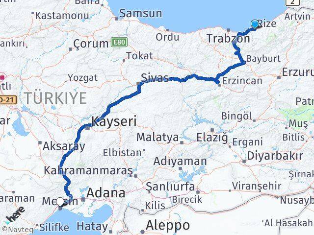 Rize Toroslar Mersin Arası Kaç Km - Yol Haritası