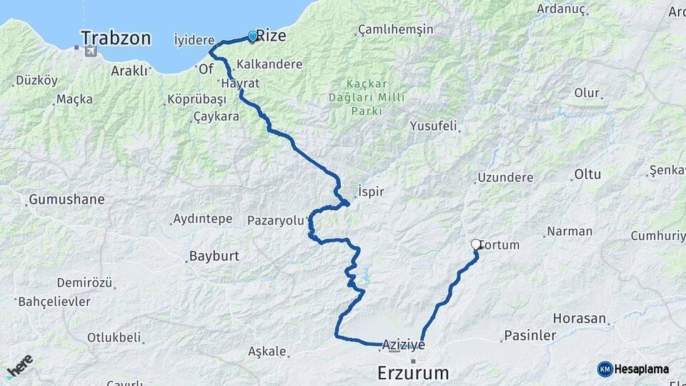 Rize Tortum Erzurum Arası Kaç Km - Yol Haritası