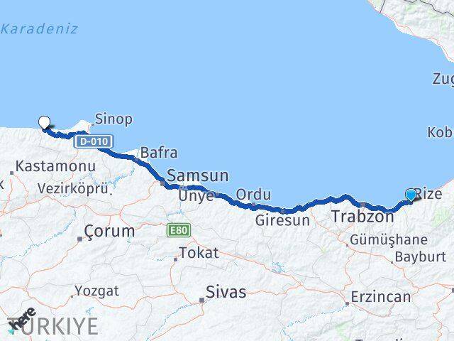 Rize Türkeli Sinop Arası Kaç Km - Yol Haritası
