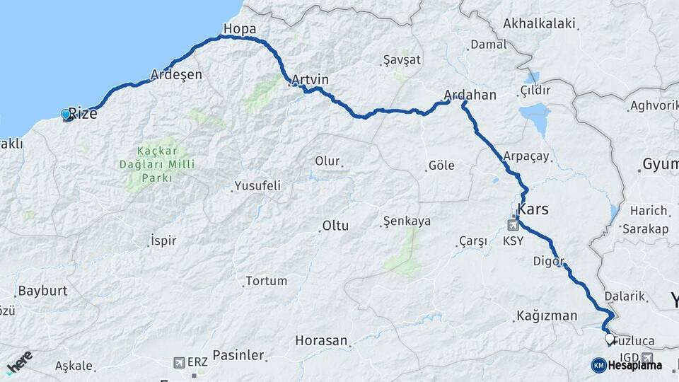 Rize Tuzluca Iğdır Arası Kaç Km - Yol Haritası