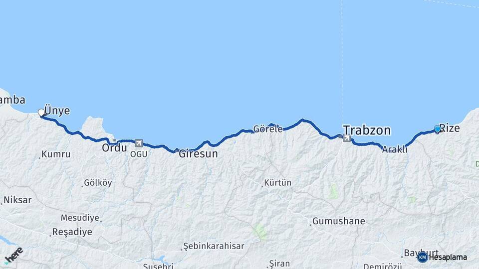Rize Ünye Ordu Arası Kaç Km - Yol Haritası