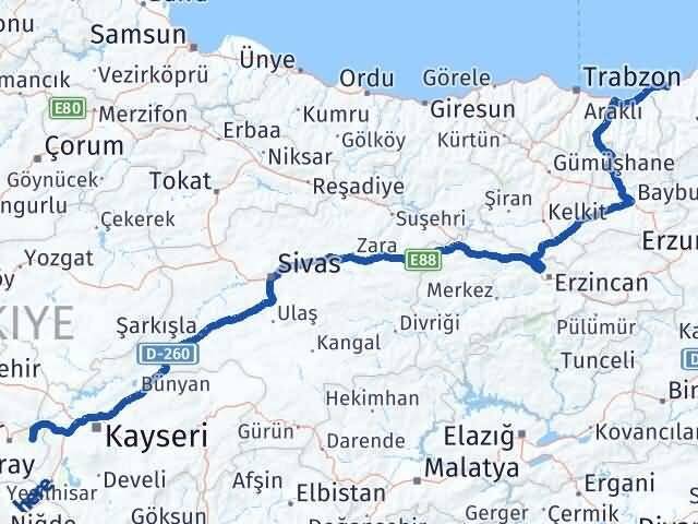 Rize Ürgüp Nevşehir Arası Kaç Km - Yol Haritası