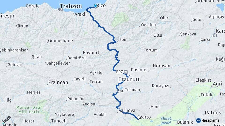 Rize Varto Muş Arası Kaç Km - Yol Haritası