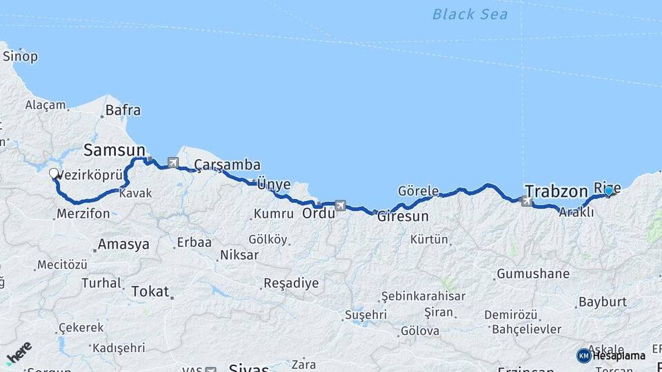 Rize Vezirköprü Samsun Arası Kaç Km - Yol Haritası