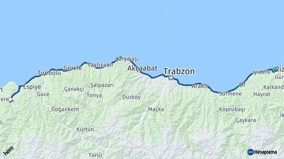 Rize Yağlıdere Giresun Arası Kaç Km - Yol Haritası