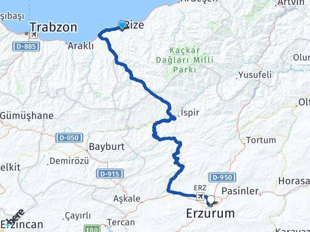 Rize Yakutiye Erzurum Arası Kaç Km - Yol Haritası