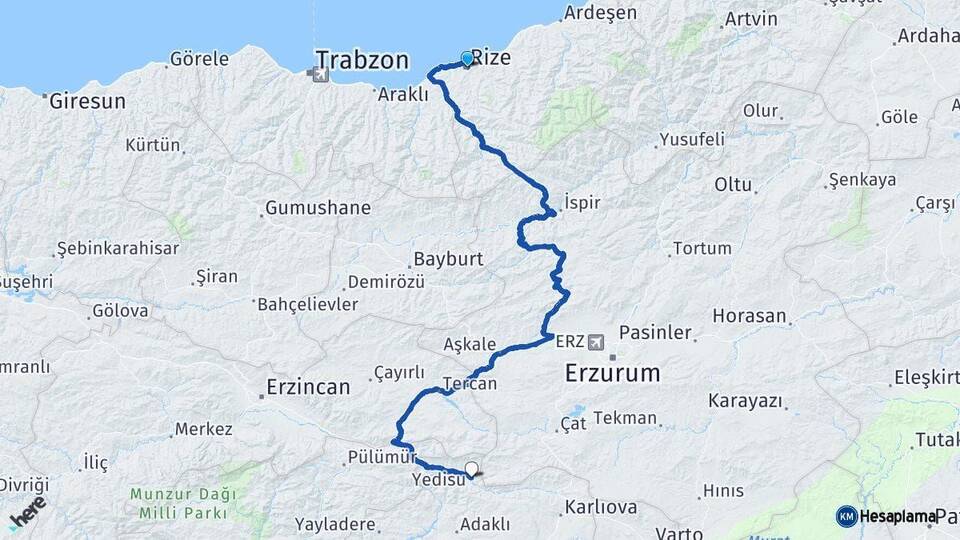 Rize Yedisu Bingöl Arası Kaç Km - Yol Haritası
