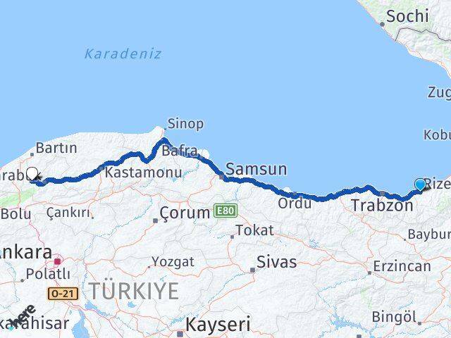 Rize Yenice Karabük Arası Kaç Km - Yol Haritası