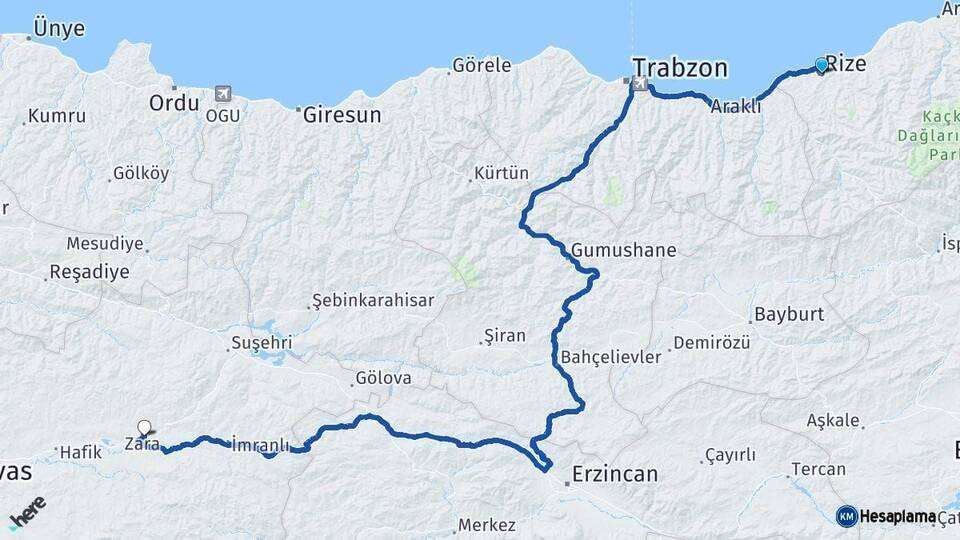 Rize Zara Sivas Arası Kaç Km - Yol Haritası