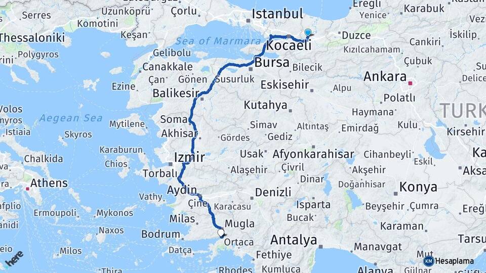 Sakarya Adapazarı Akyaka Ula Muğla Arası Kaç Km - Yol Haritası