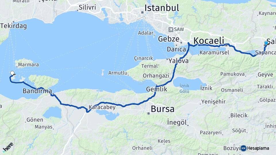 Sakarya Adapazarı Avşa Marmara Balıkesir Arası Kaç Km - Yol Haritası