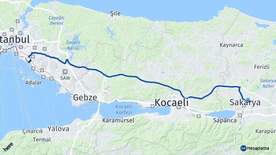 Sakarya Adapazarı Bostancı Kadıköy İstanbul Arası Kaç Km - Yol Haritası