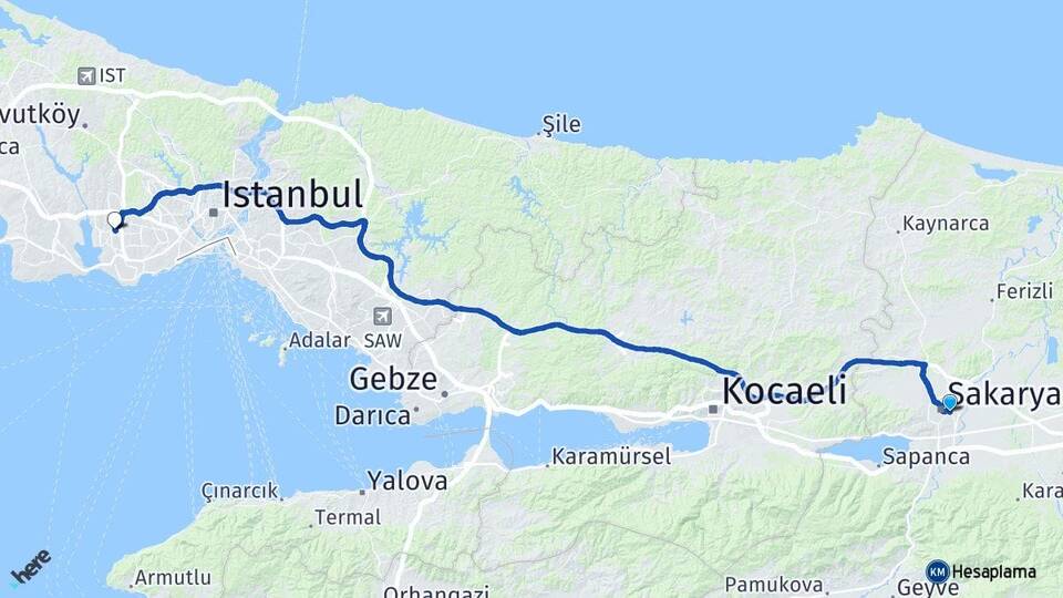 Sakarya Adapazarı Halkalı Küçükçekmece İstanbul Arası Kaç Km - Yol Haritası