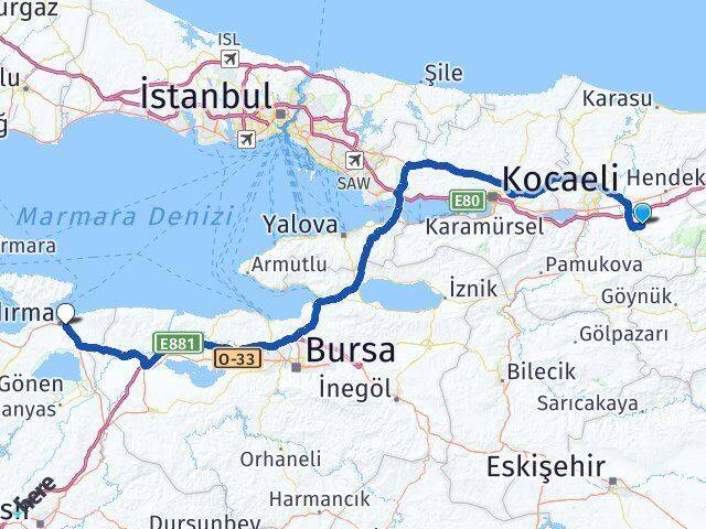 Sakarya Akyazı 600 Evler Bandırma Balıkesir Arası Kaç Km - Yol Haritası