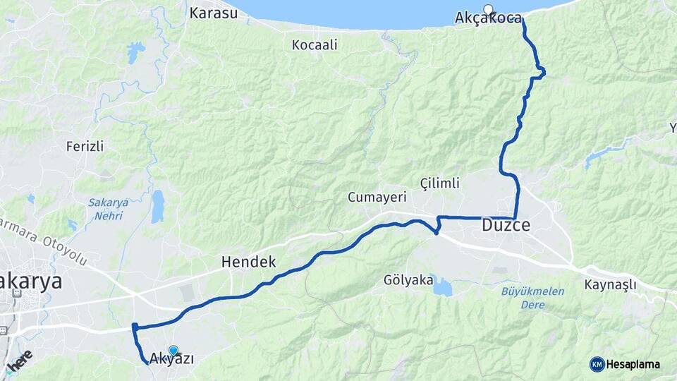 Sakarya Akyazı Akçakoca Düzce Arası Kaç Km - Yol Haritası
