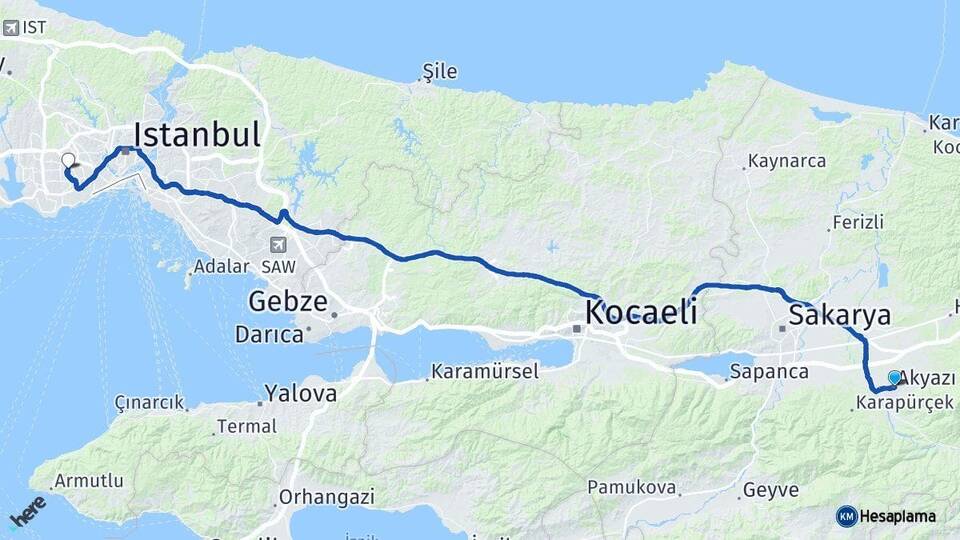 Sakarya Akyazı Bağcılar İstanbul Arası Kaç Km - Yol Haritası