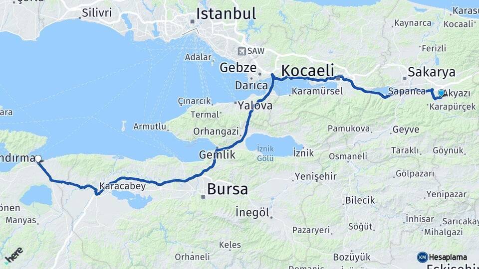 Sakarya Akyazı Bandırma Balıkesir Arası Kaç Km - Yol Haritası