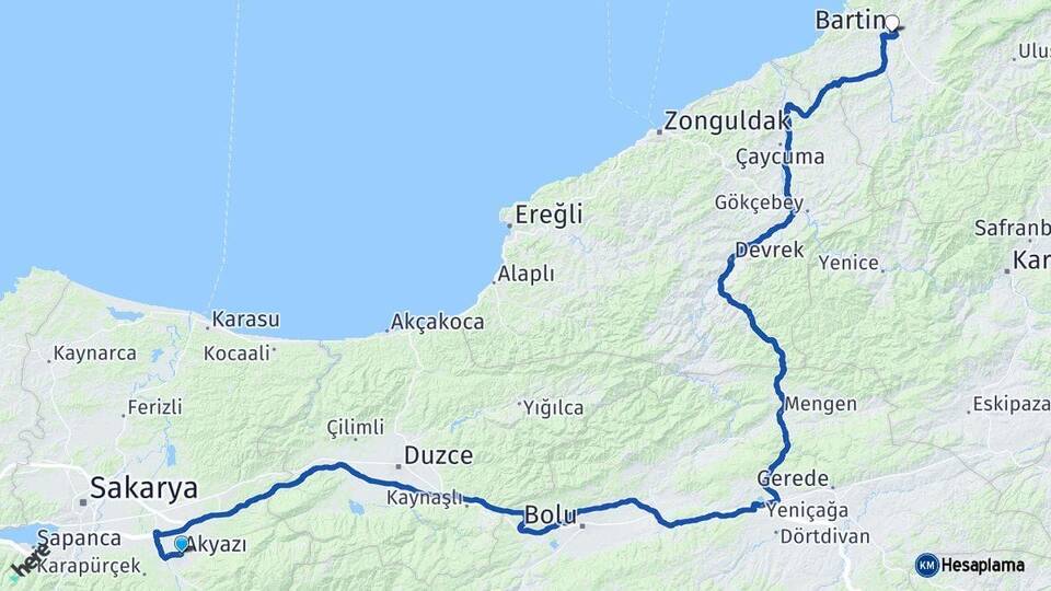 Sakarya Akyazı Bartın Arası Kaç Km - Yol Haritası
