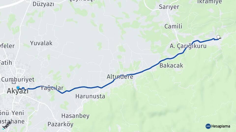 Sakarya Akyazı Çamlıca Hendek Arası Kaç Km - Yol Haritası
