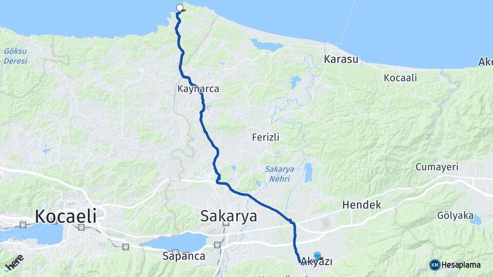 Sakarya Akyazı Cebeci Kandıra Kocaeli Arası Kaç Km - Yol Haritası