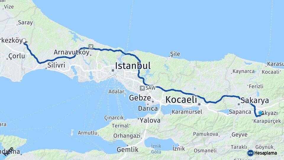 Sakarya Akyazı Çerkezköy Tekirdağ Arası Kaç Km - Yol Haritası