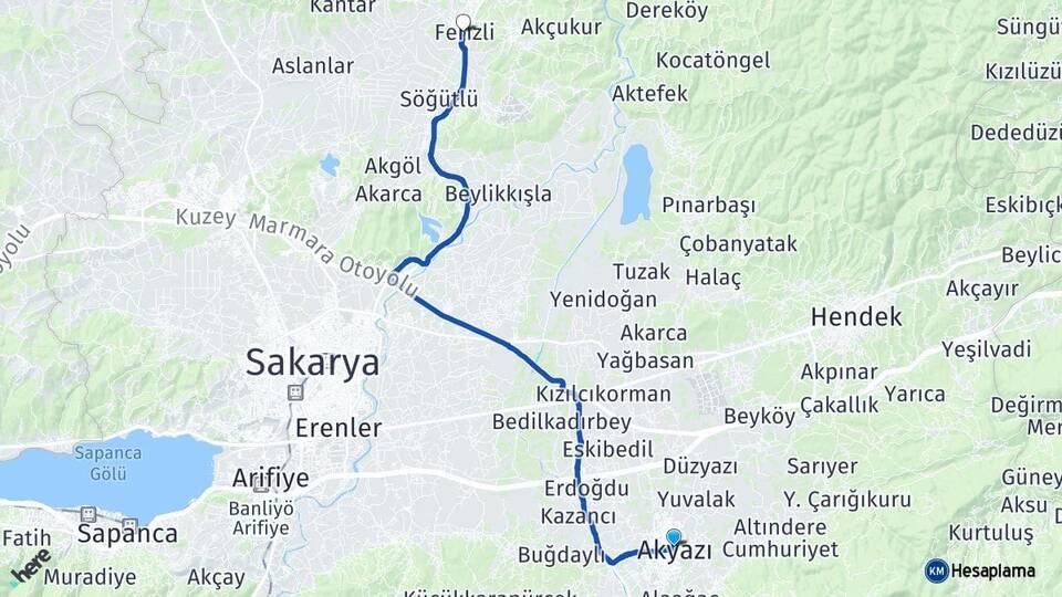 Sakarya Akyazı Ferizli Arası Kaç Km - Yol Haritası