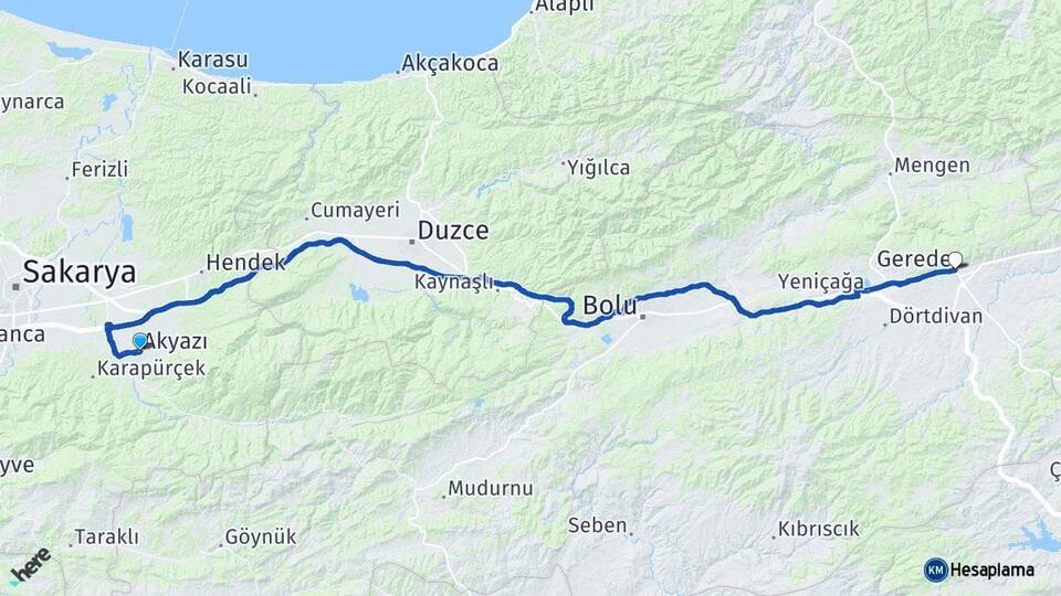 Sakarya Akyazı Gerede Bolu Arası Kaç Km - Yol Haritası