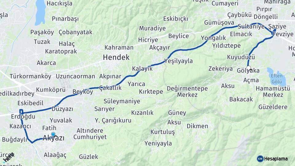 Sakarya Akyazı Gölyaka Düzce Arası Kaç Km - Yol Haritası