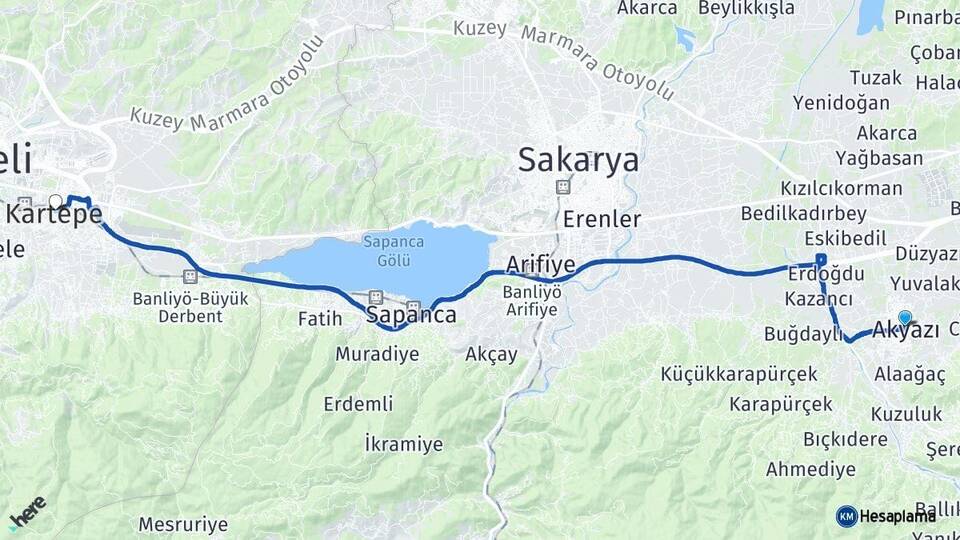 Sakarya Akyazı Kartepe Kocaeli Arası Kaç Km - Yol Haritası