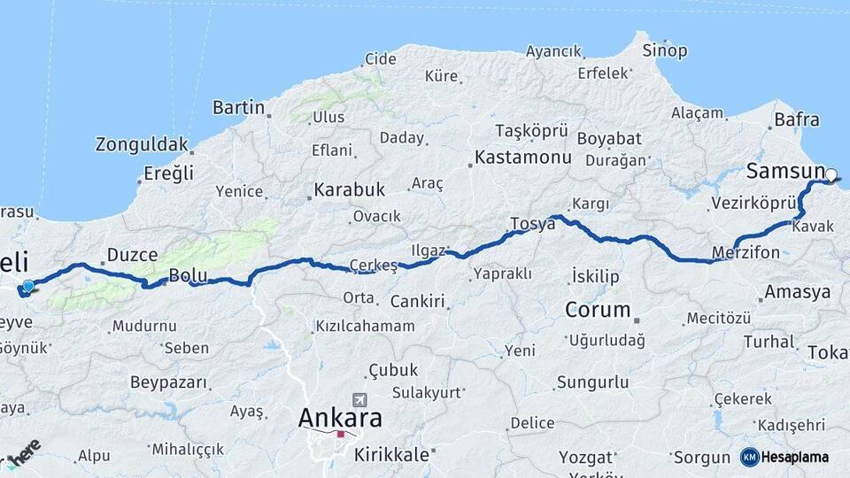 Sakarya Akyazı Samsun Arası Kaç Km - Yol Haritası